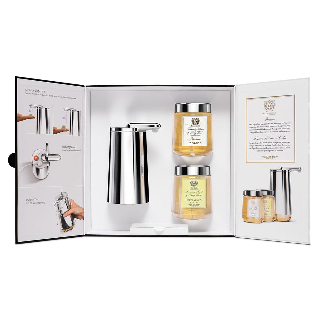 Antica Farmacista gift set, foam cartridge sensor pump, polished stainless steel