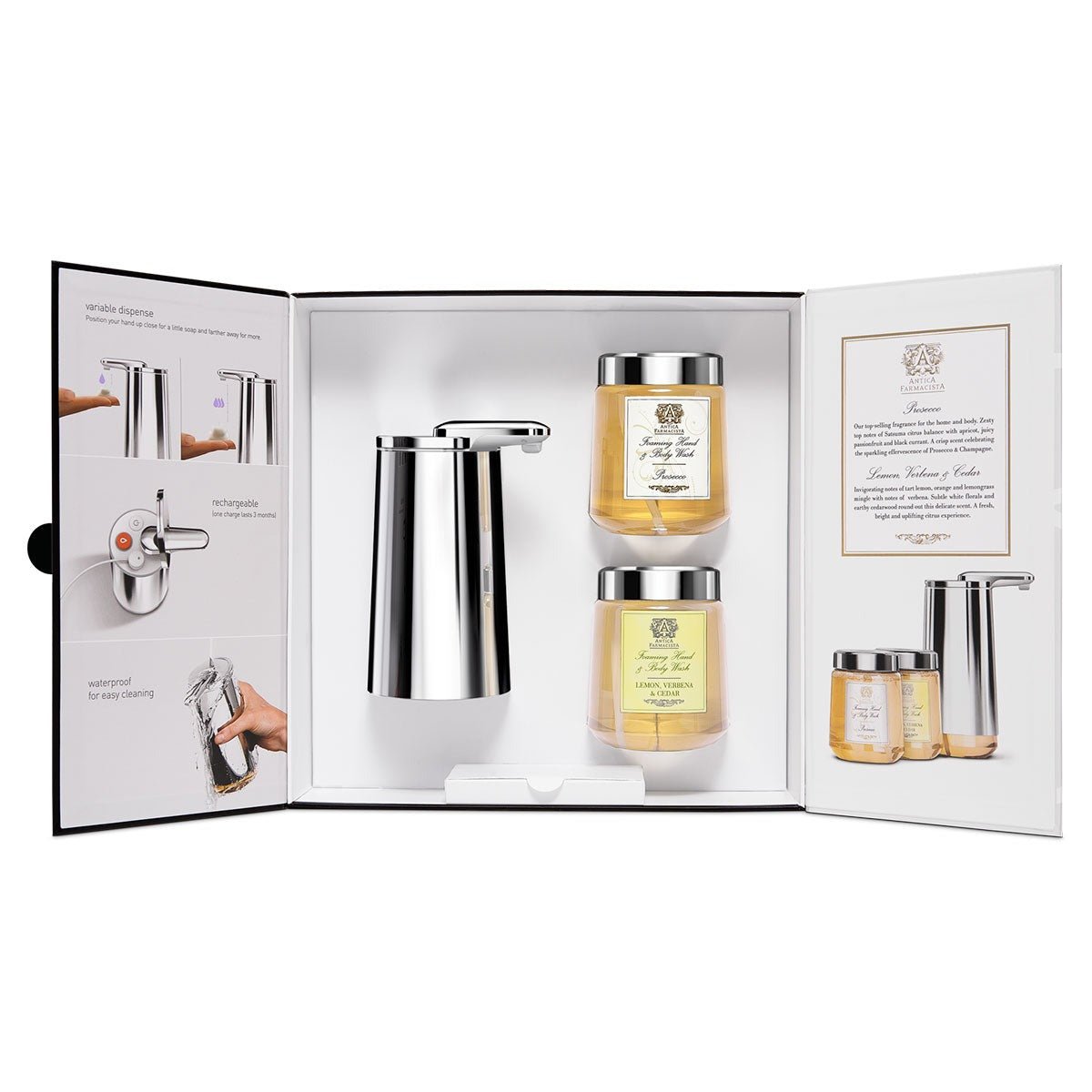 Antica Farmacista gift set, foam cartridge sensor pump, polished stainless steel