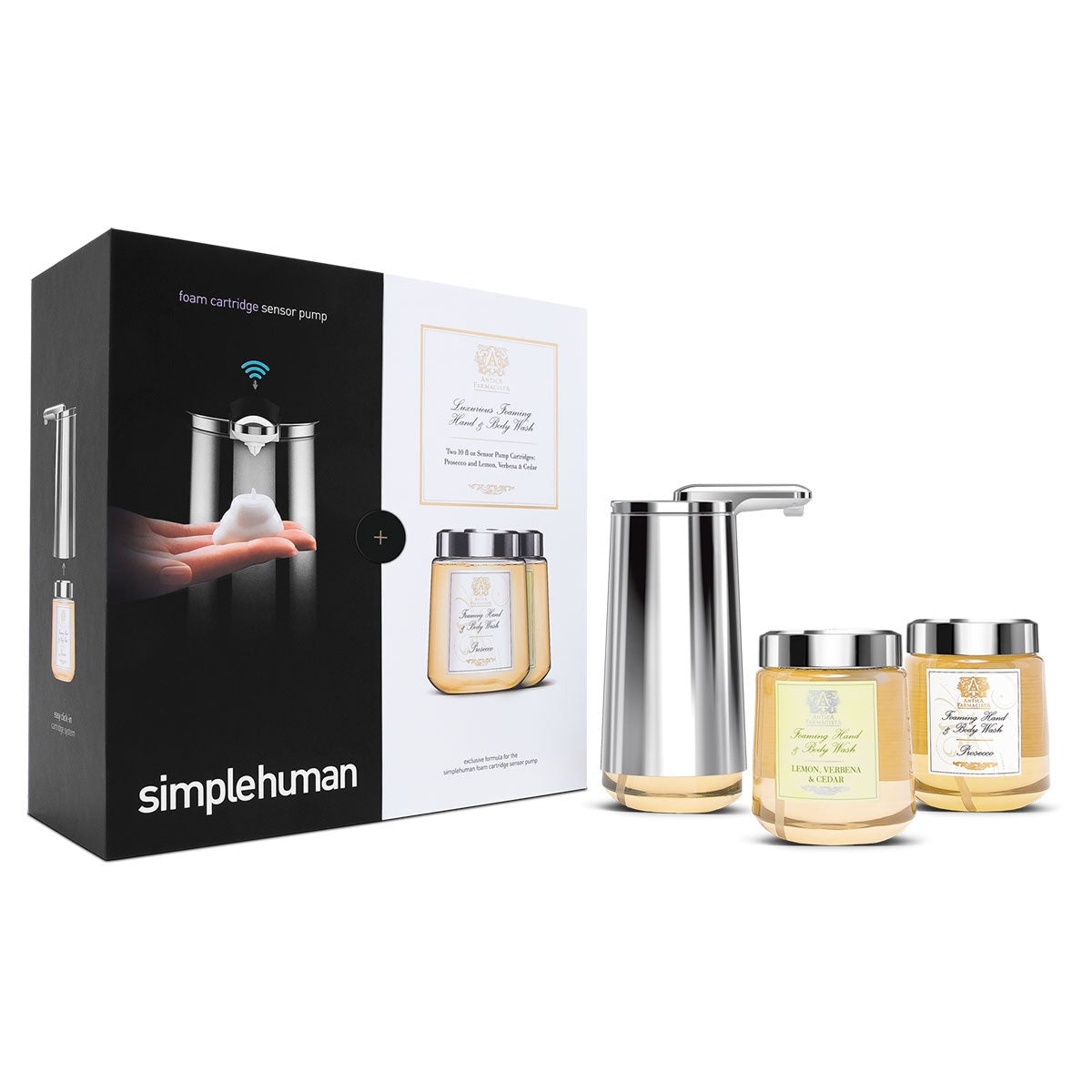 Antica Farmacista gift set, foam cartridge sensor pump, polished stainless steel