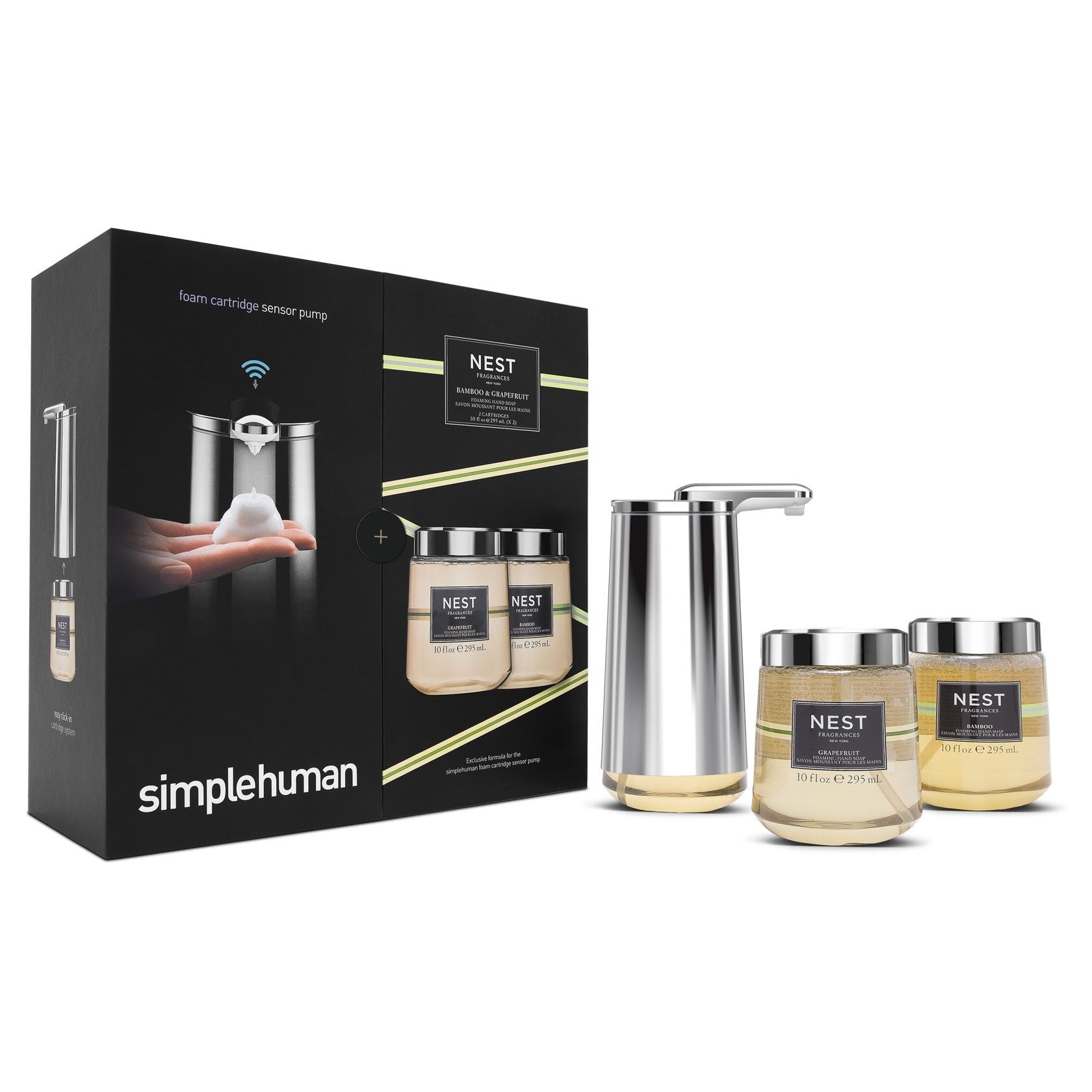 gen2 foam cartridge sensor pump with NEST Bamboo and Grapefruit hand soap, polished stainless steel
